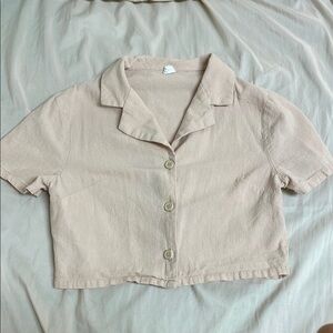 Beige Cropped Button-Up Shirt